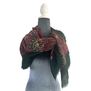 Scarf 100% Virgin Wool Hand Printed Wrap Paisley Frayed Trim Old Money 39"X39"